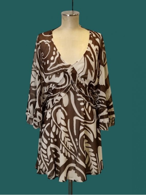Abito corto scollo a V e mantella fantasia burro cioccolato Kontatto vista frontale Con.senso abbigliamento Torino