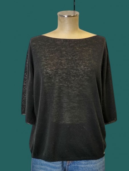 Girocollo donna nero tessuto fiammato maniche corte Kontatto vista frontale Con.senso abbigliamento Torino