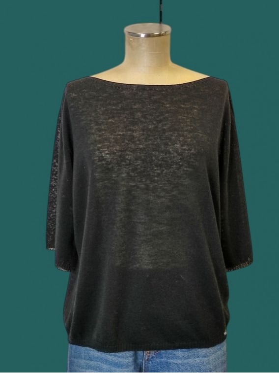 Girocollo donna nero tessuto fiammato maniche corte Kontatto vista frontale Con.senso abbigliamento Torino