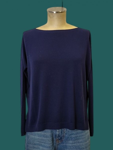 Maglia donna blu in viscosa maniche lunghe spacchetti laterali Kontatto vista frontale Con.senso abbigliamento Torino