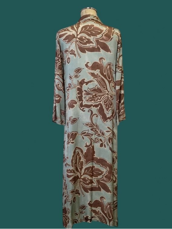 Spolverino donna in raso stampa floreale cielo cioccolato Kartika vista spalle Con.senso abbigliamento Torino