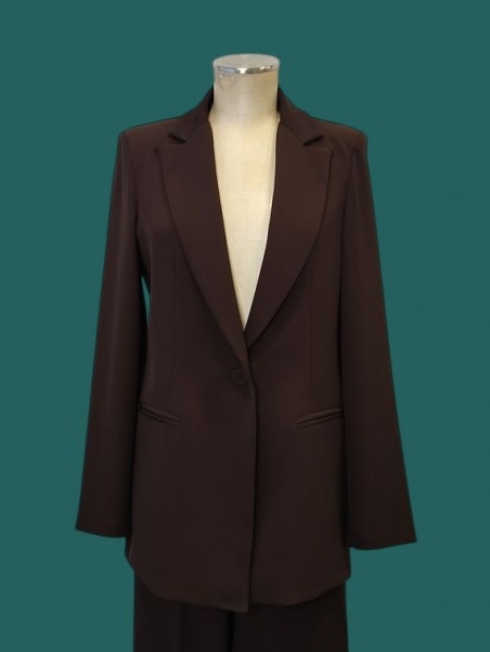 Giacca donna cioccolato tessuto fluido Le streghe vista frontale Con.senso abbigliamento Torino