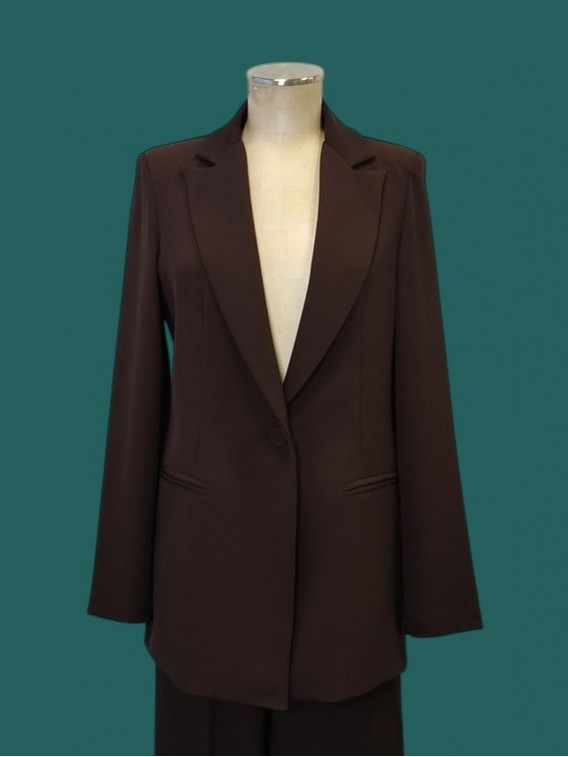 Giacca donna cioccolato tessuto fluido Le streghe vista frontale Con.senso abbigliamento Torino