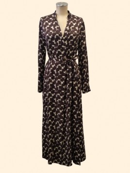 Abito midi fantasia cacao burro scollo v e cintura Kartika vista frontale Con.senso abbigliamento Torino