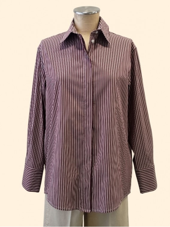 Camicia donna righe vino e butto Karitika vista frontale Con.senso abbigliamento Torino