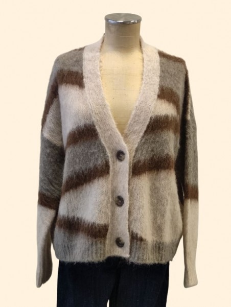 Cardigan donna fantasia crema e moro Kartika vista frontale Con.senso abbigliamento Torino