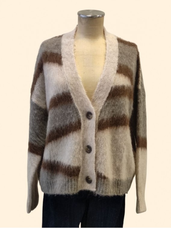Cardigan donna fantasia crema e moro Kartika vista frontale Con.senso abbigliamento Torino