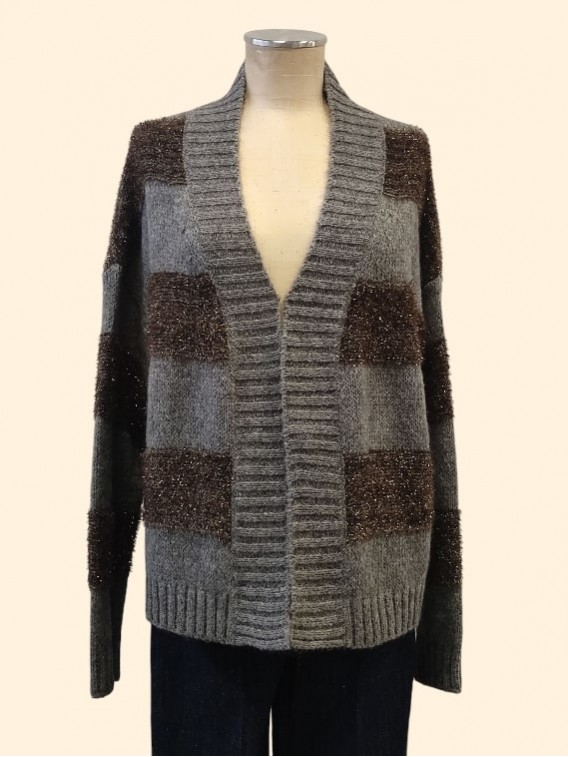 Cardigan donna righe grigio e lurex moro Kartika vista frontale Con.senso abbigliamento Torino