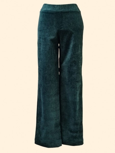 Pantaloni donna verdi in ciniglia gamba larga vista frontale Con.senso abbigliamento Torino
