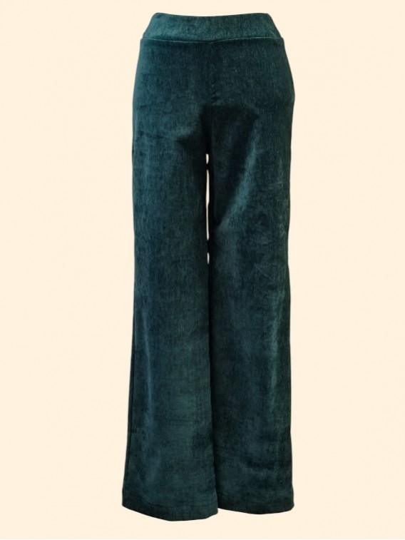 Pantaloni donna verdi in ciniglia gamba larga vista frontale Con.senso abbigliamento Torino