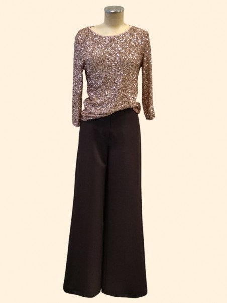 Maglia donna paillette rosa e pantaloni palazzo moro vista frontale Con.senso abbigliamento Torino